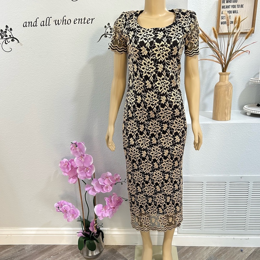 Vintage Helene Blake Womens Dress Size 6 Gold Black Embroidered Knit Lined